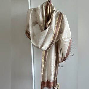 NWT Fabindia Silk Cotton Sheer Wrap Stole Shawl Dupatta Scarf Ivory Brown & gold
